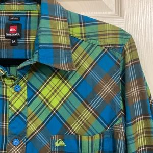 Quicksilver button up.  Great blues and greens plaid. Long sleeve